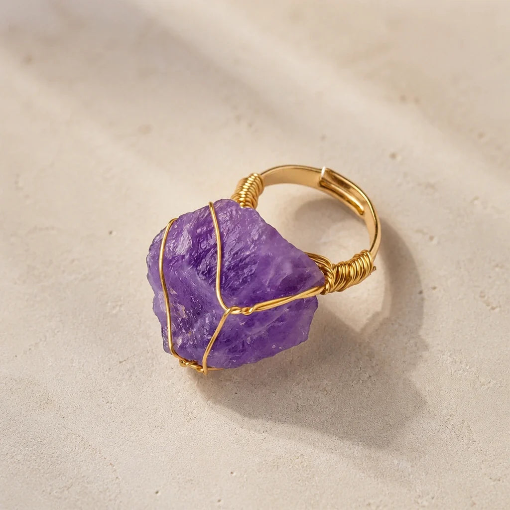 Raw Amethyst Wire-Wrapped Ring, Adjustable Gold-Tone Band