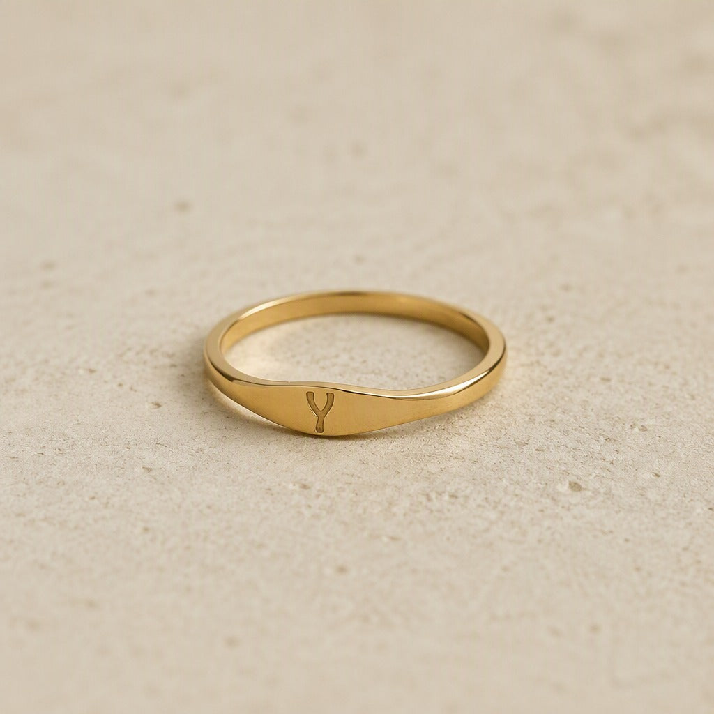Personalized Initial Letter Signet Ring, Oval Band in Gold Tone — view 25