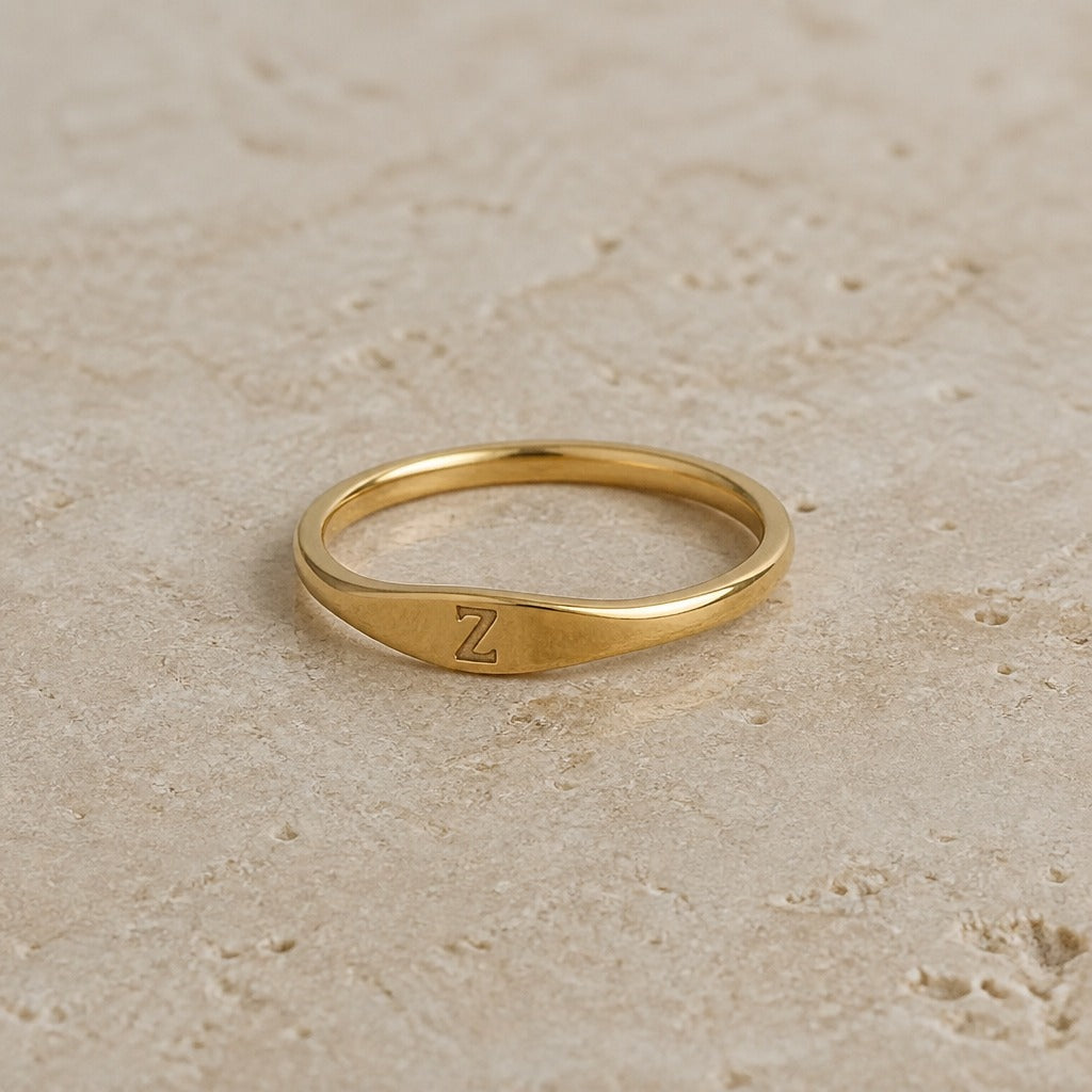 Personalized Initial Letter Signet Ring, Oval Band in Gold Tone — view 26