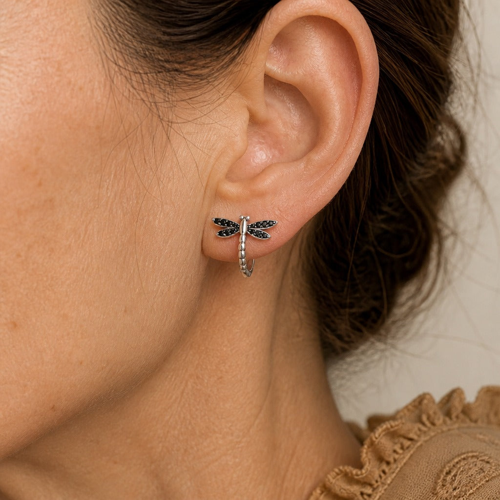 Dragonfly Black Zirconia Clip-On Earrings in Silver Tone — main image
