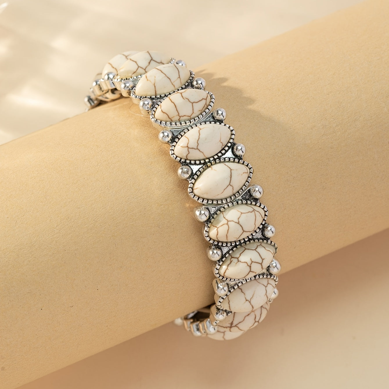 Oval Crackle Stone Bangle with Beaded Silver-Tone Detail