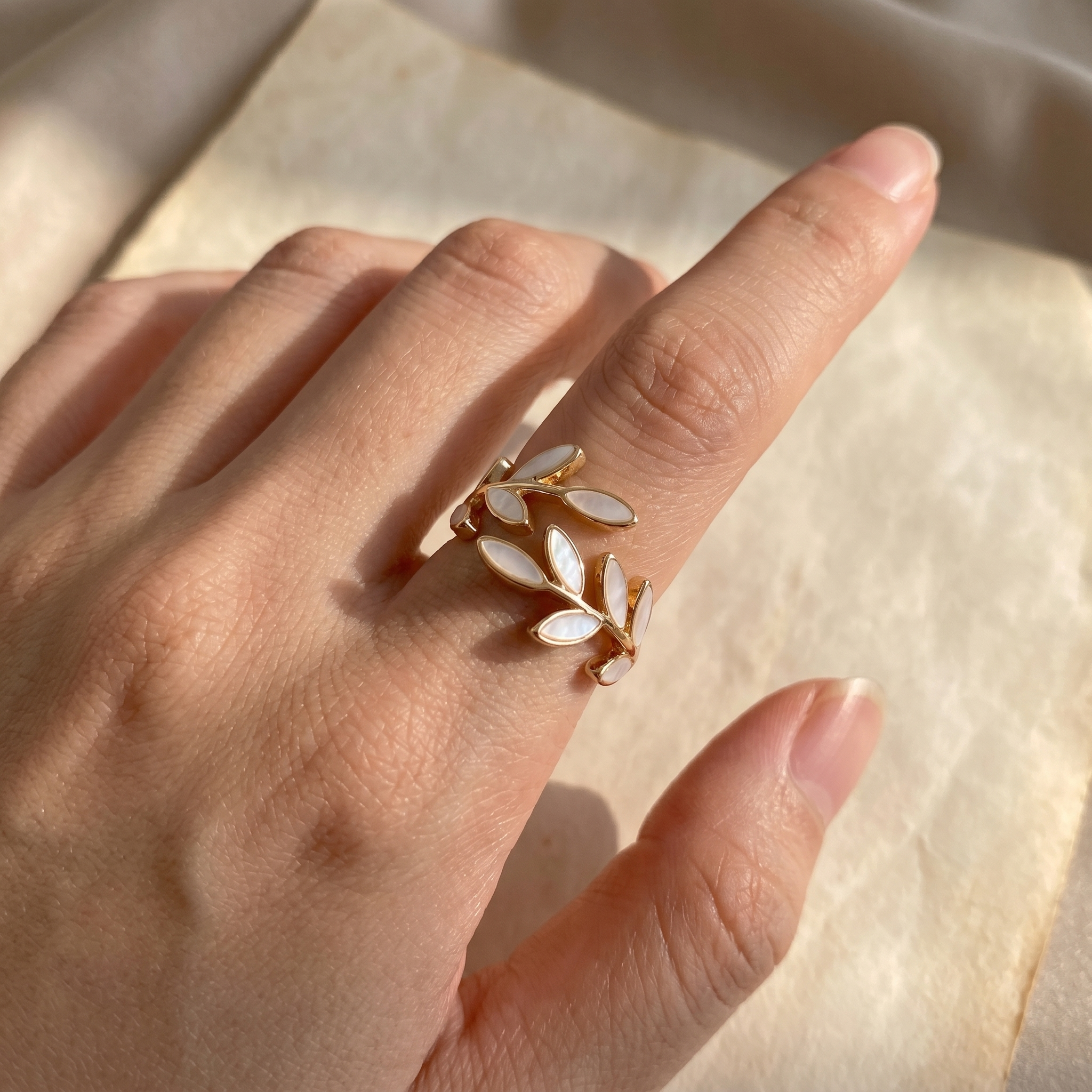 Pure - White Opal Leaf Adjustable Ring