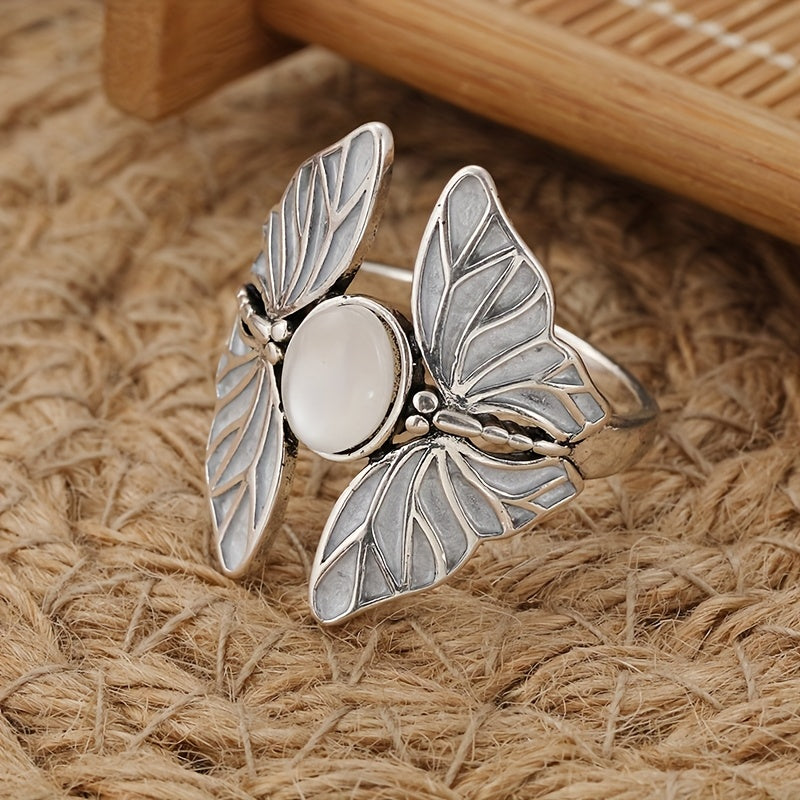 Butterfly Moonstone Ring with Silver-Tone Bezel Setting