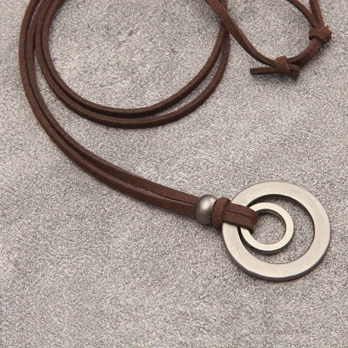 Concentric Circle Pendant Necklace with Adjustable Brown Leather Cord