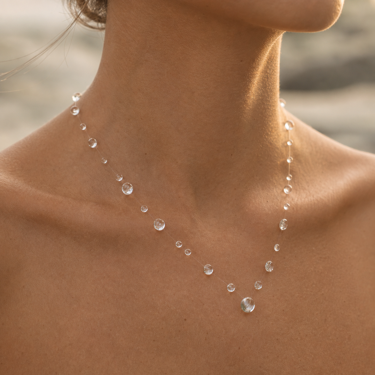 Clear Floating Drops Necklace with Asymmetrical Dual-Strand Design, Waterproof — main image