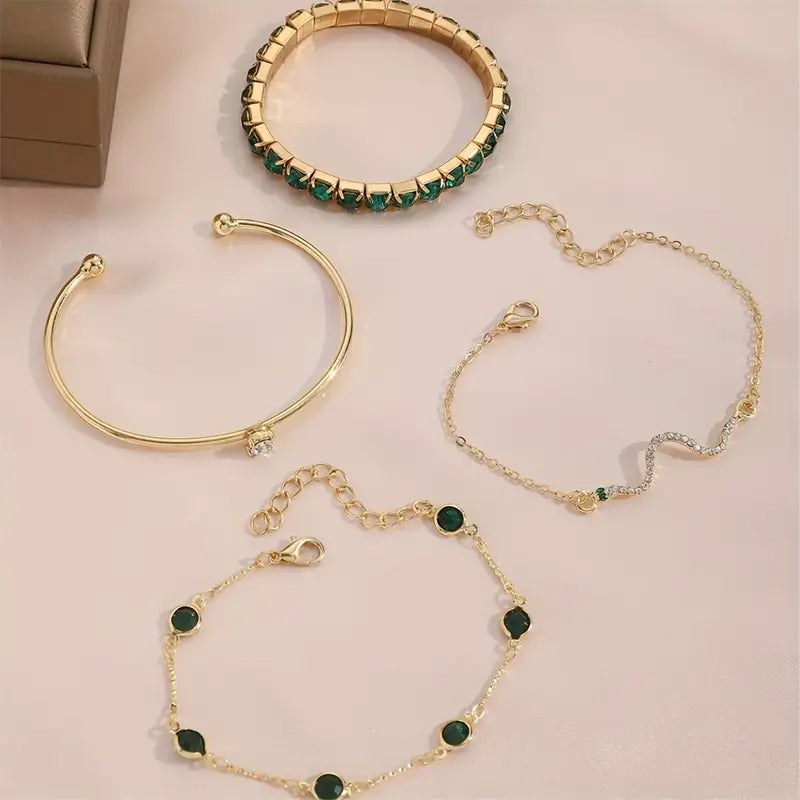 Emerald-Green Gemstone Bracelet Set with Crystal Accents, 4 Pieces
