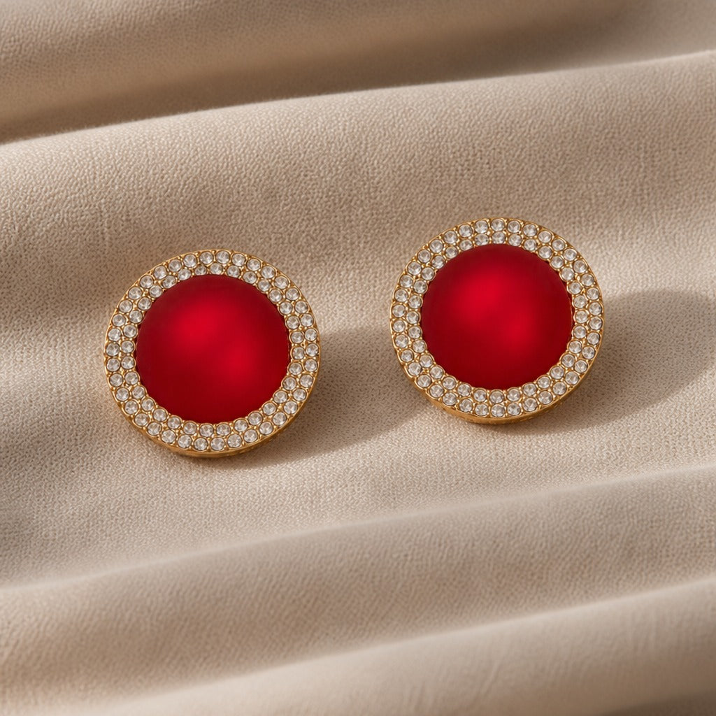 Circular Cabochon Stud Earrings with Vintage Rhinestone Halo — view 2