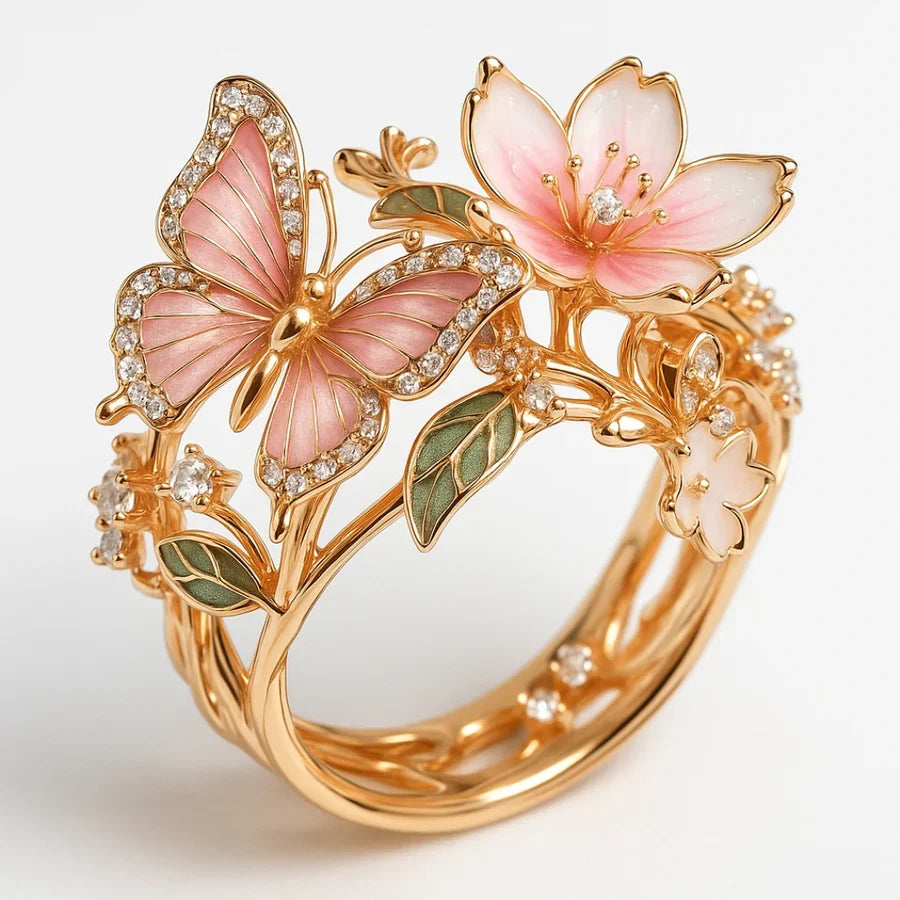 Butterfly Flower Zirconia Ring with Rose Gold-Tone Adjustable Band — view 6