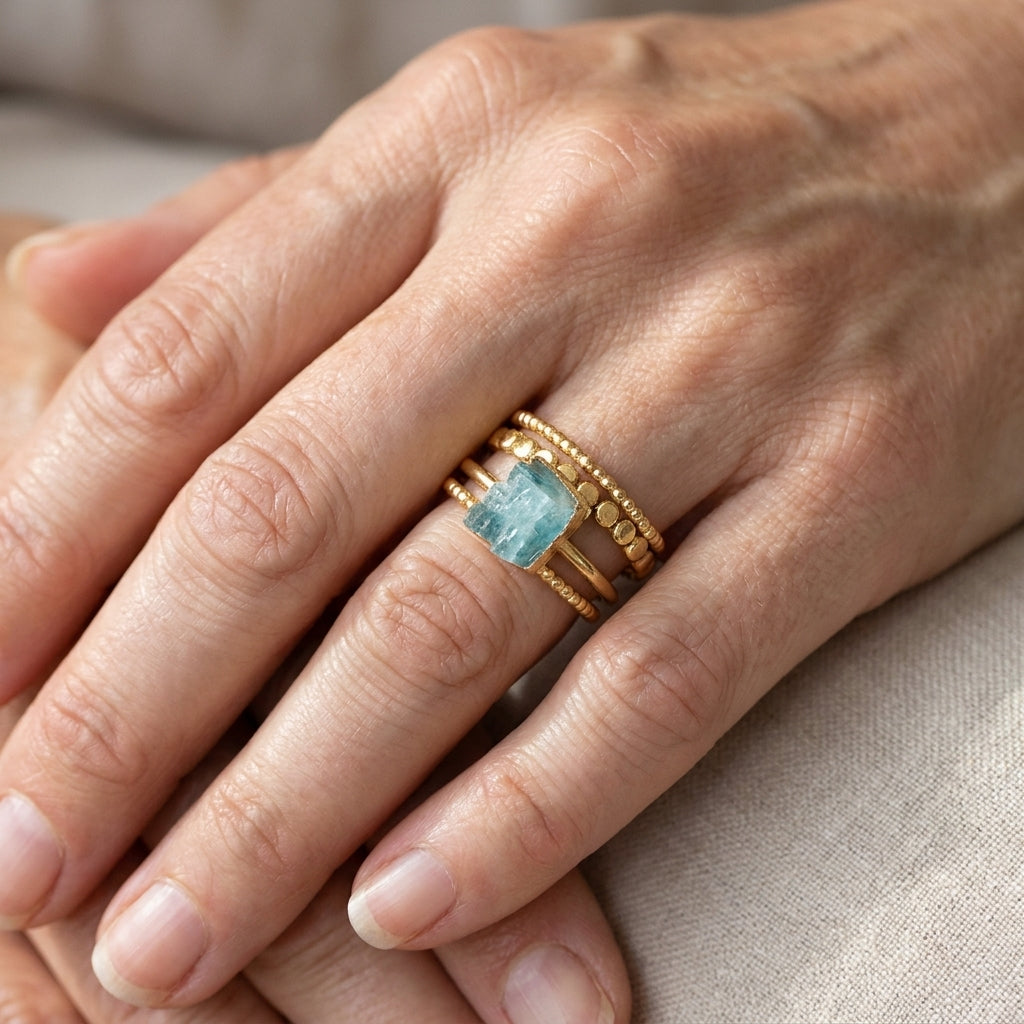 aquamarine stacking ring set gold plated ago9203 — lifestyle