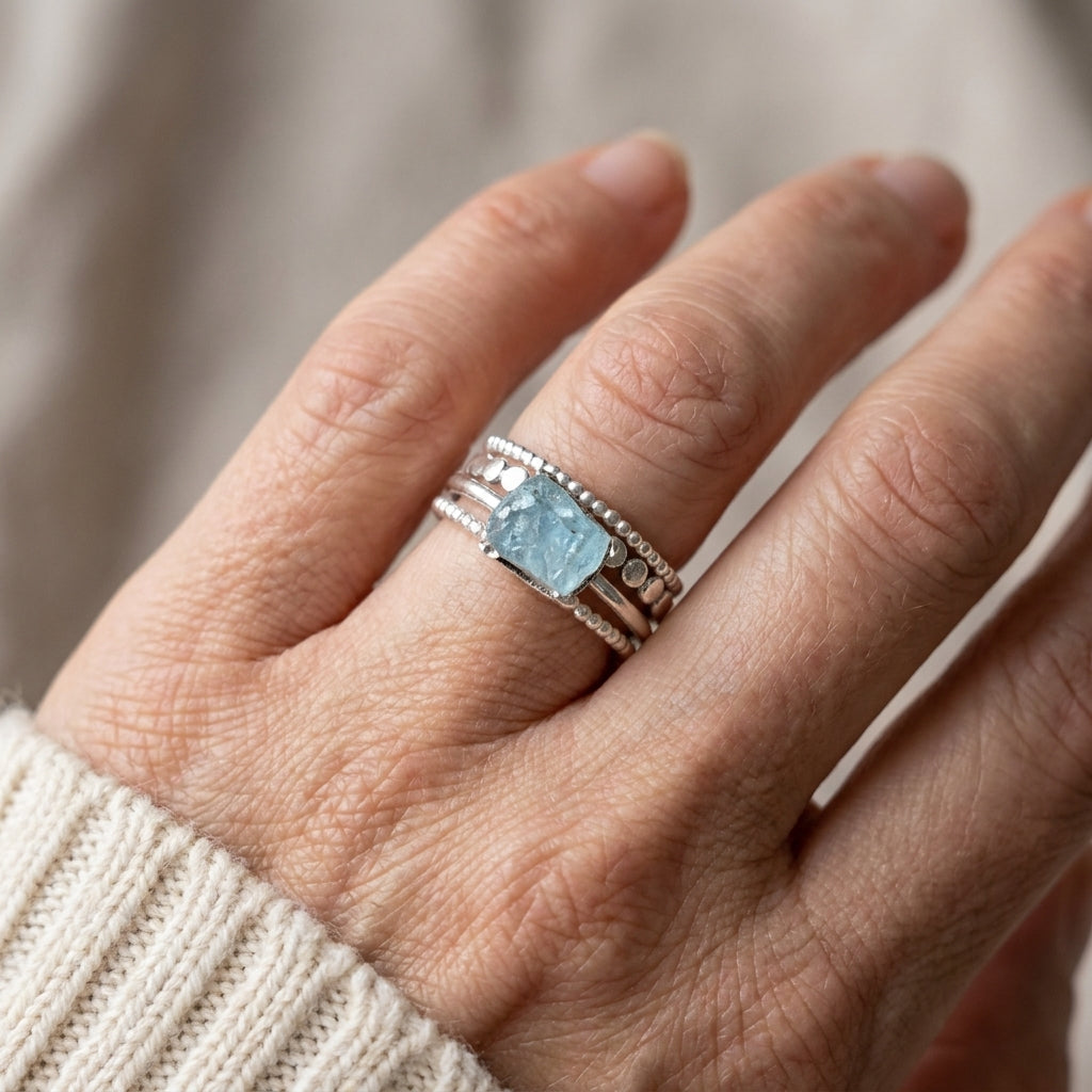 aquamarine stacking ring set sterling silver asr9203 — lifestyle