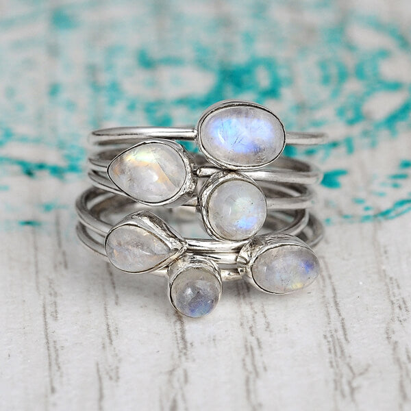 Rainbow Moonstone Stacking Ring Set, 6 Sterling Silver Bands with Oval and Round Stones