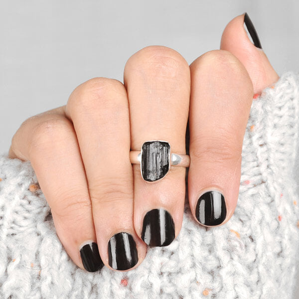 Raw Black Tourmaline Ring with Sterling Silver Band