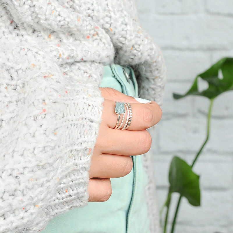 Raw Aquamarine Stacking Ring Set with Beaded Silver Bands