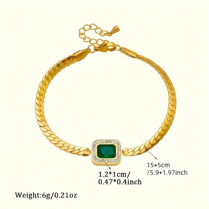 Square Emerald Pendant Bracelet with Crystal Halo, Gold-Tone Curb Chain — view 8