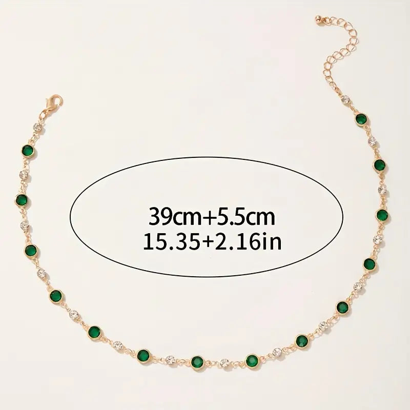 Emerald and Crystal Station Necklace with Gold-Tone Chain