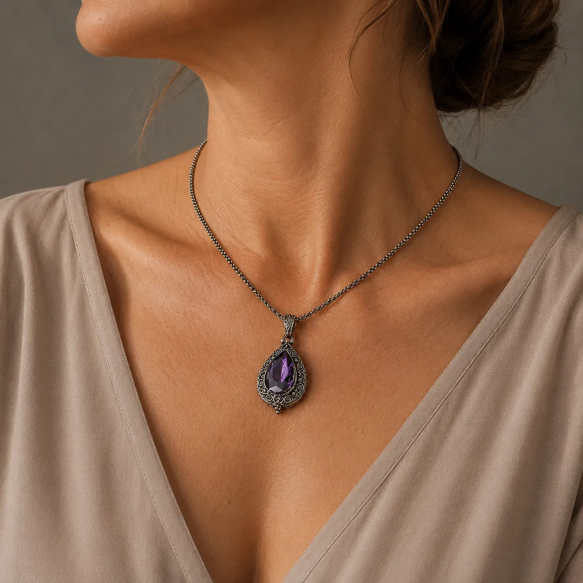 Teardrop Amethyst Pendant Necklace with Silver-Toned Filigree Setting