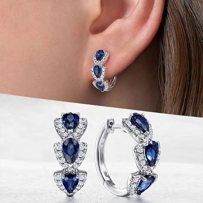 Pear-Shaped Sapphire Hoop Earrings with Tiered Halo Design — view 3