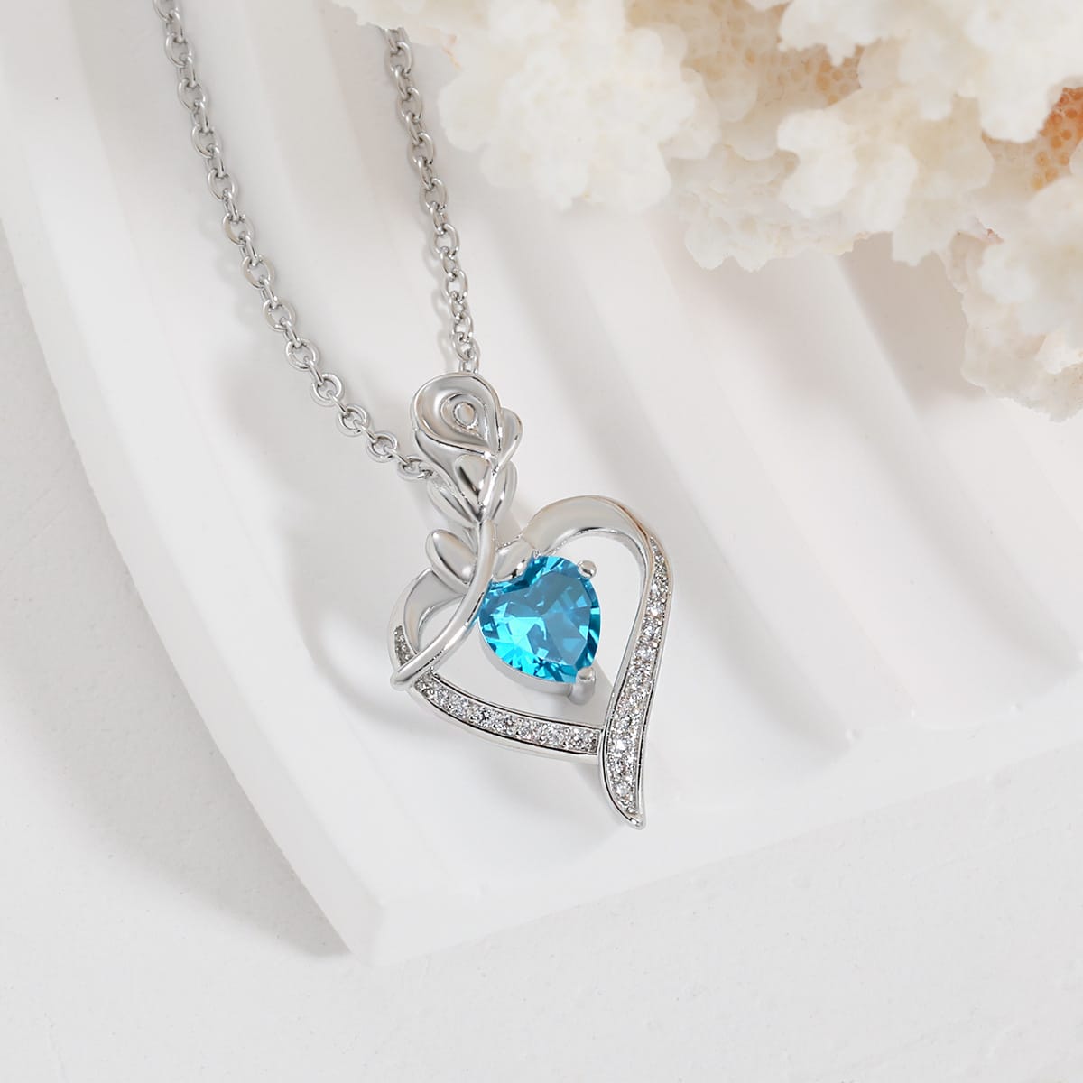 Heart Pendant Necklace with Rose Motif and Rhinestone Accents, Silver Tone