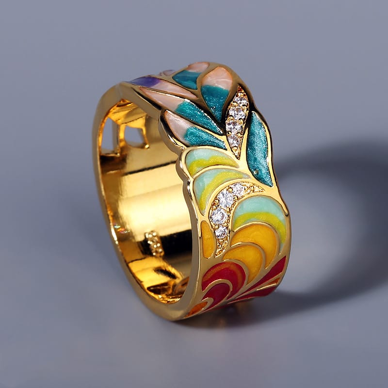 Butterfly & Floral Enamel Statement Ring with Rhinestone Accents