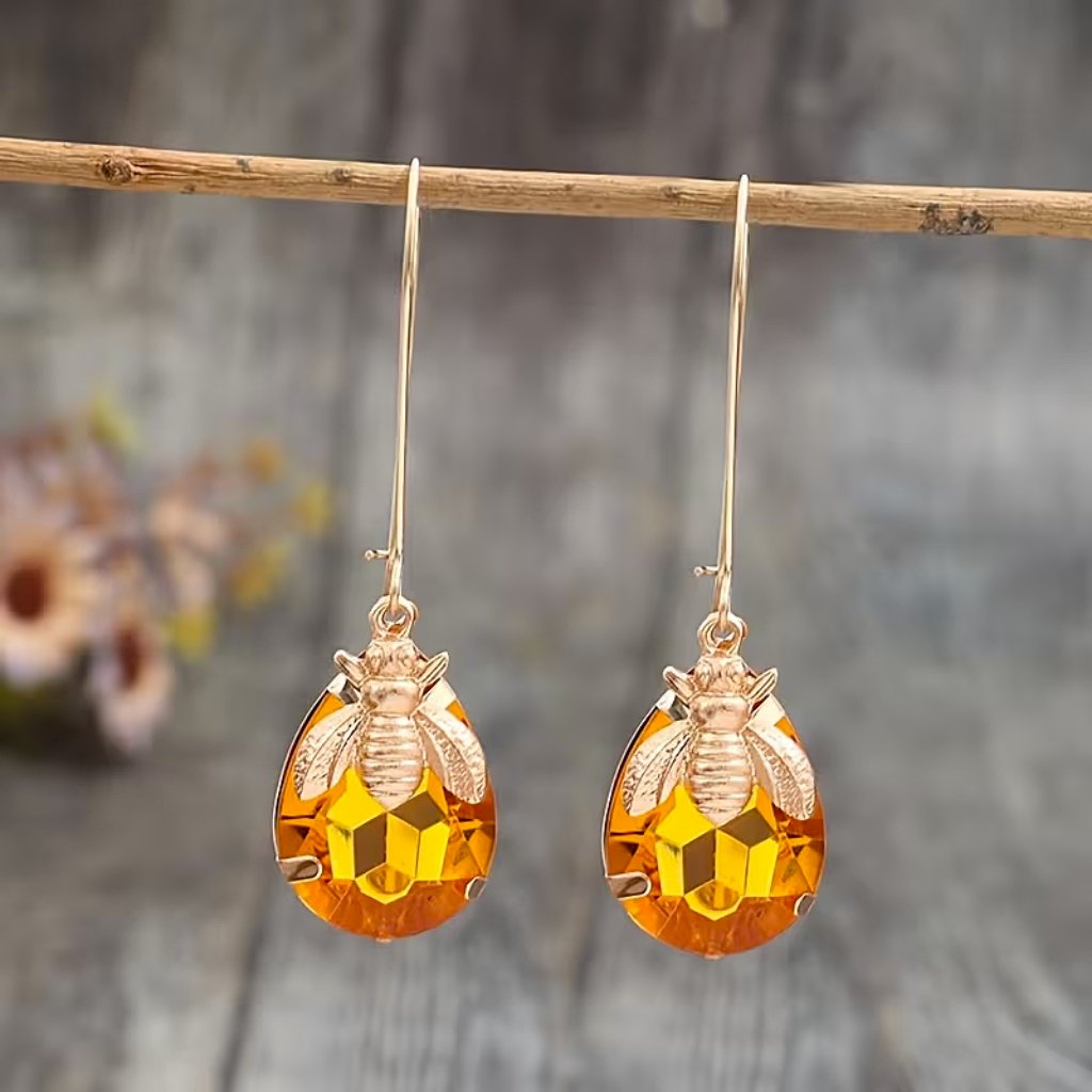 Bee Charm Amber-Tone Drop Earrings with Faceted Stone — main image