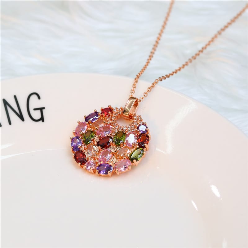 Multicolor Zircon Cluster Pendant Necklace, Rose Gold Tone