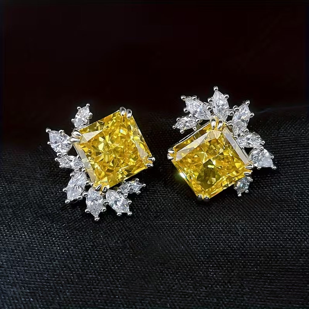 Yellow Cushion-Cut Cluster Stud Earrings with Marquise Accents — view 2