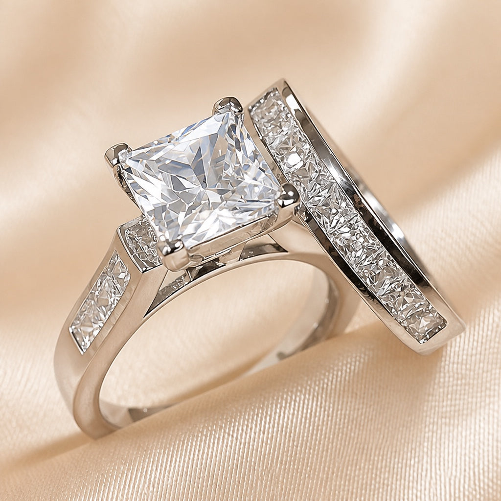 Square Zirconia Ring Set with Matching Band in White Gold or Gold Tone