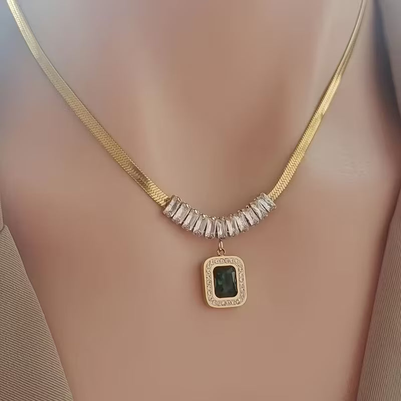 Rectangular Emerald Pendant Necklace with Baguette Crystal Accents in Gold and Silver-Tone