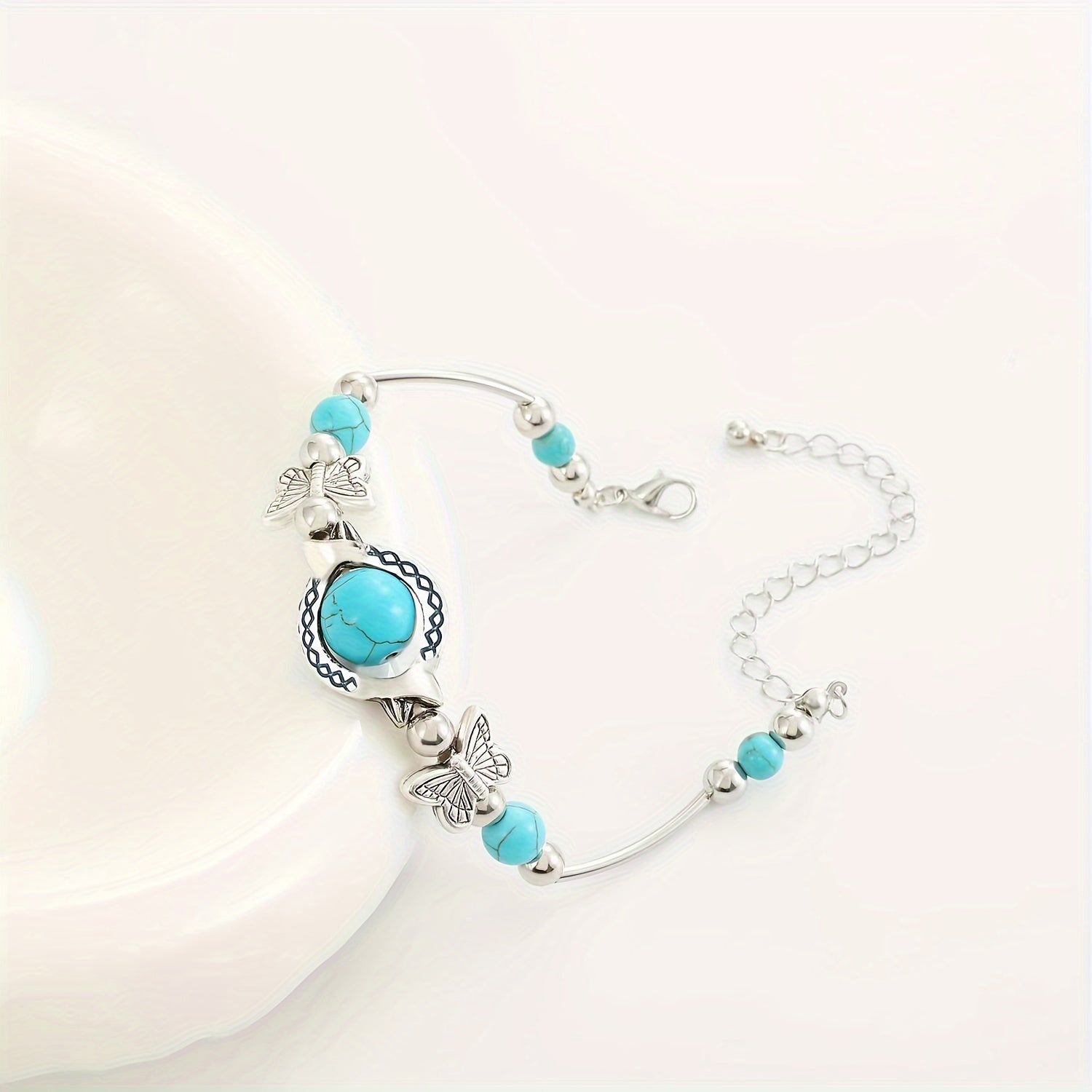 Turquoise Butterfly Charm Bracelet with Silver-Tone Beads