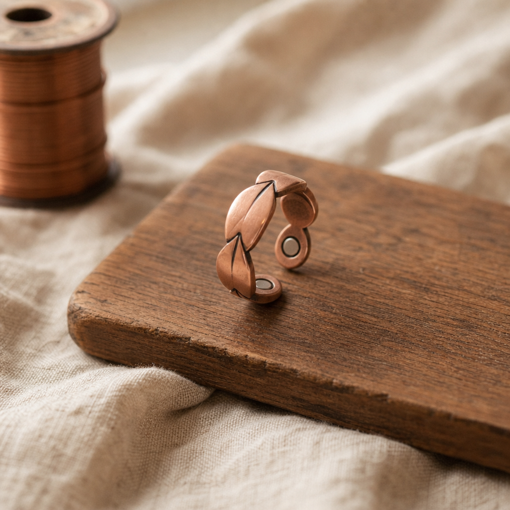 Copper Leaf Motif Ring, 99.9% Pure Copper, Adjustable Hand-Shaped Band — main image