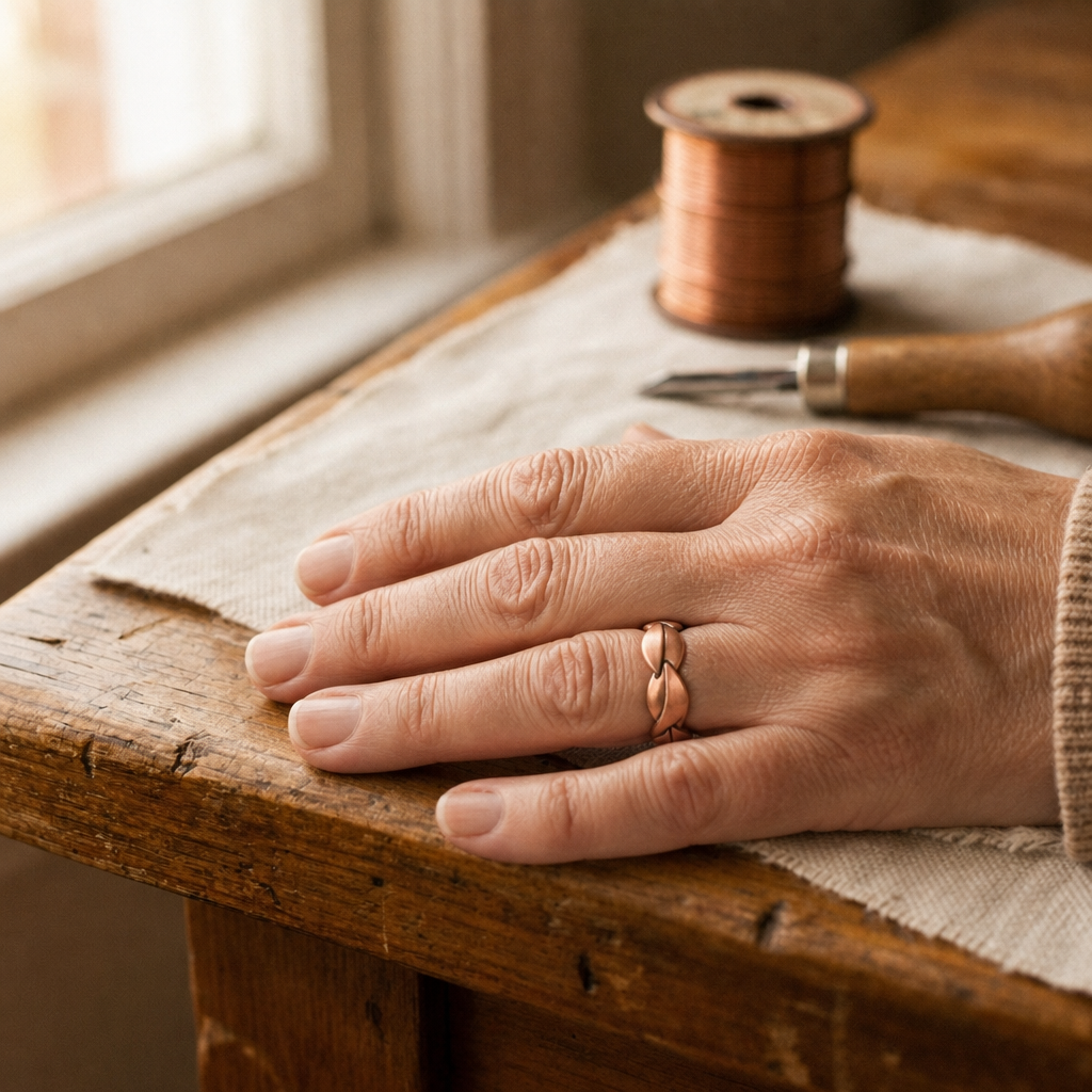 Copper Leaf Motif Ring, 99.9% Pure Copper, Adjustable Hand-Shaped Band — view 2