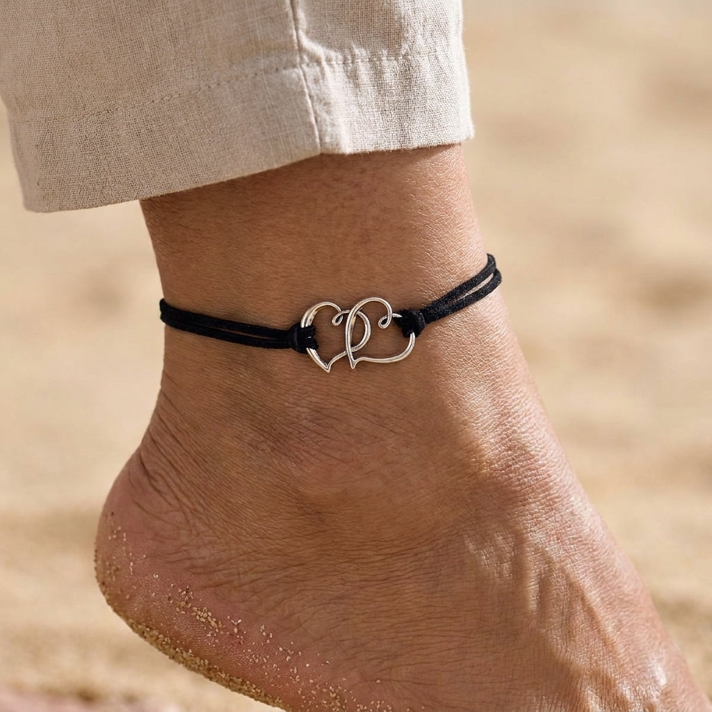 boho chic adjustable black cord anklet with double heart alloy pendants vintagebohemian style perfect for beach vacations casual attire beach jewelry — lifestyle
