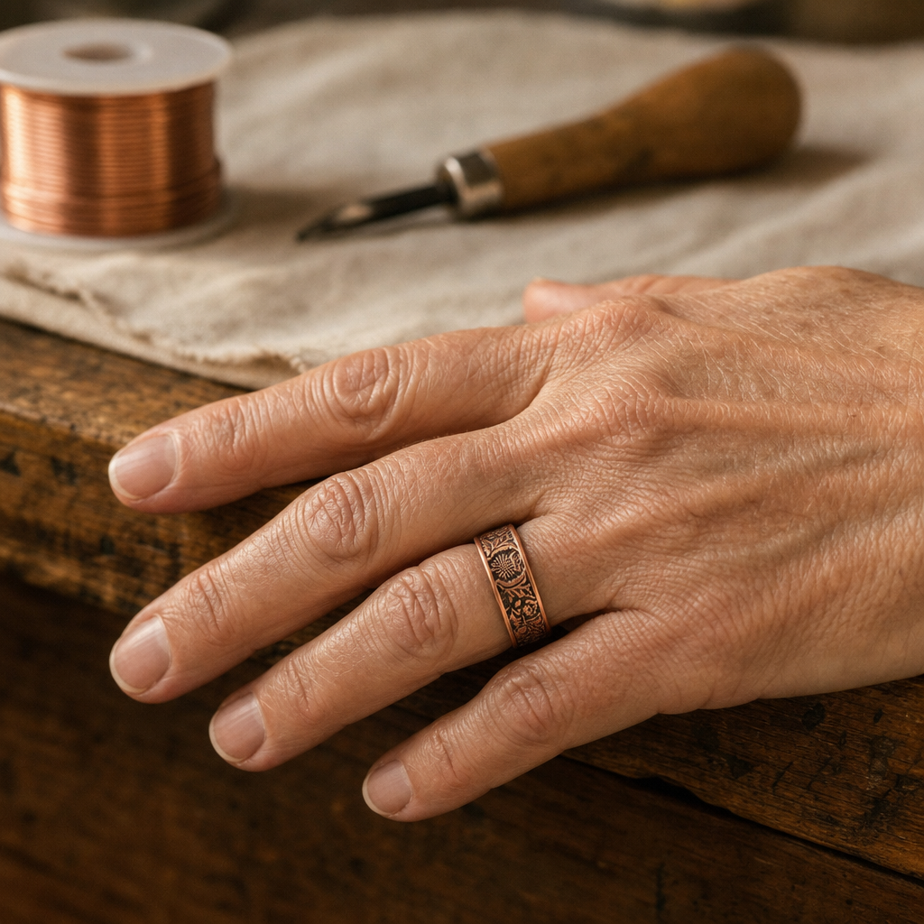 Copper Cuff Ring with Embossed Pattern and Magnetic Closure, Adjustable Open Band — view 2