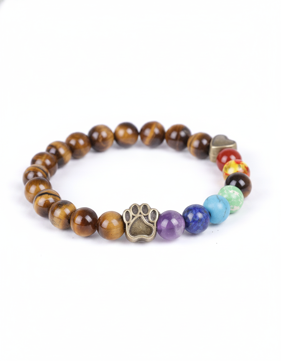 Estelle & Ruby Chakra Stone Beaded Bracelet with Paw Charm & Heart Spacer (AI-generated studio image)