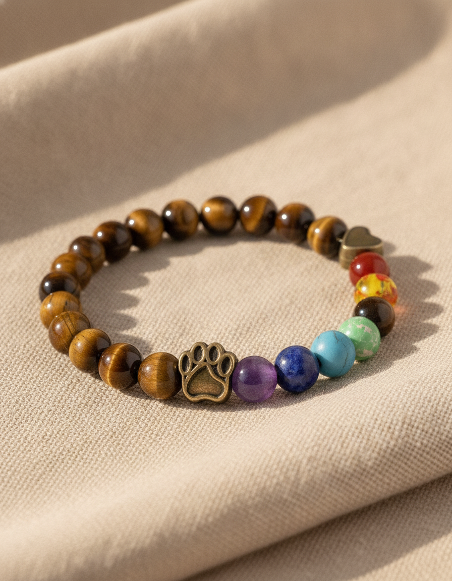 Estelle & Ruby Chakra Stone Beaded Bracelet with Paw Charm & Heart Spacer (AI-generated studio image)