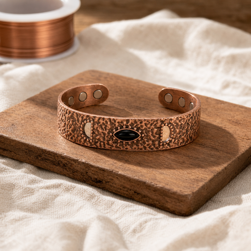 Hammered Copper Cuff Bracelet with Moon Phase Cutouts and Black Onyx Cabochon, Adjustable Open Bangle — main image