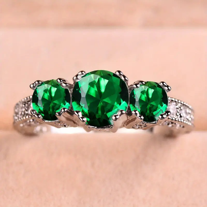 Three-Stone Emerald Cocktail Ring with Filigree Silver-Tone Band