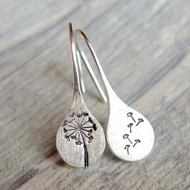 Dandelion Engraved Teardrop Drop Earrings in Vintage Silver-Tone Copper