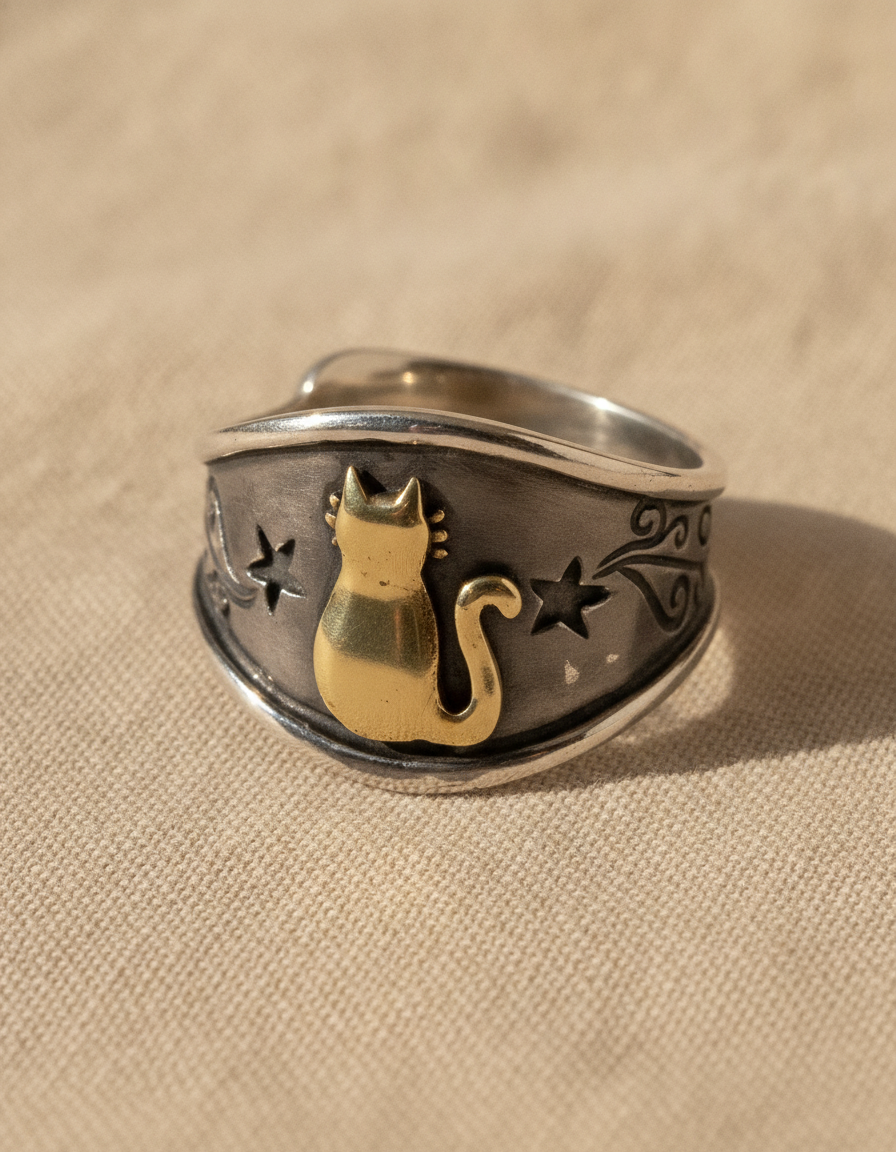Estelle & Ruby Cat Ring, Two-Tone Silver & Gold-Tone Alloy, Adjustable Open Band Statement Ring (AI-generated studio image)