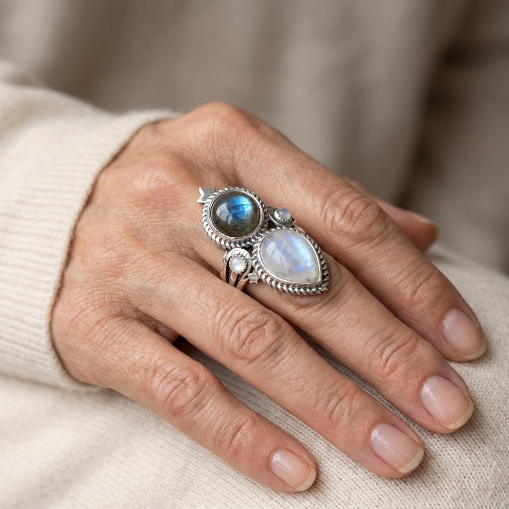 celestial moonstone and labradorite silver ring asr9277 — lifestyle