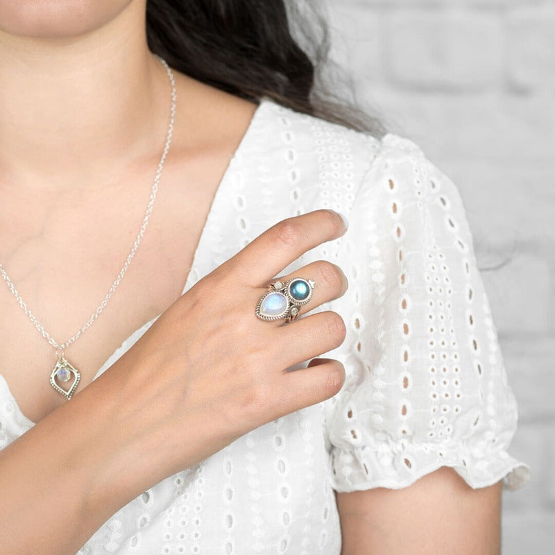 Celestial Star Moonstone Labradorite Ring with Textured Silver Band