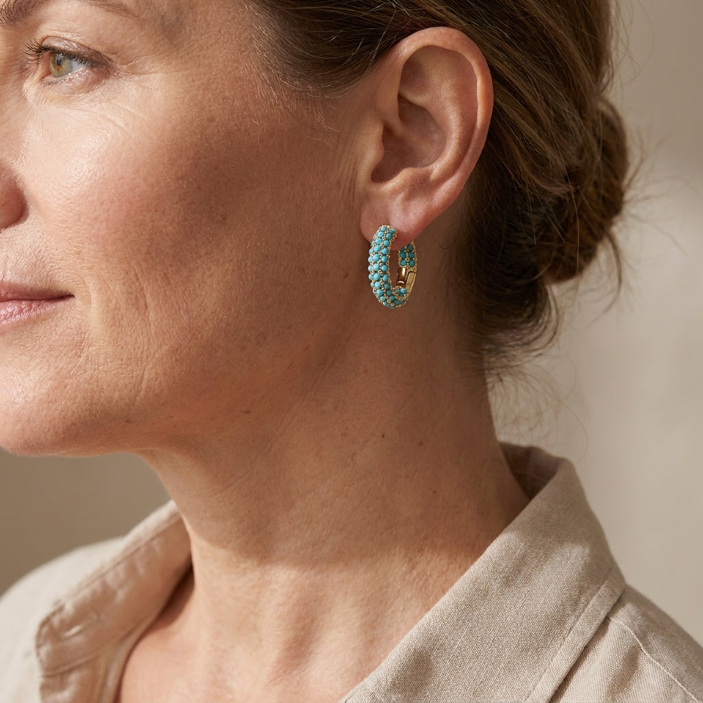 chic turquoise blue flower hoop earrings — lifestyle