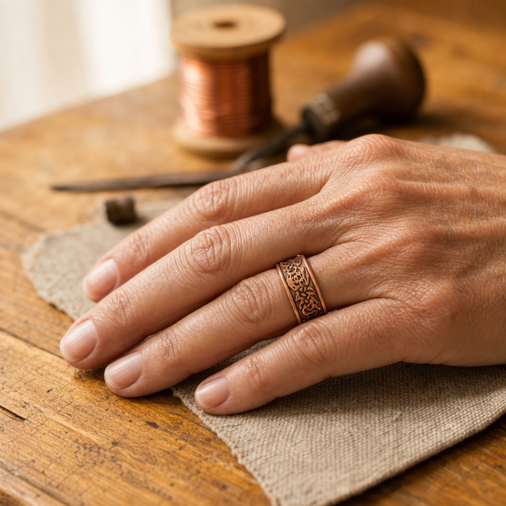Copper Cuff Bracelet with Filigree Pattern, Magnetic Closure — Hand-Shaped Pure Copper Design — view 2