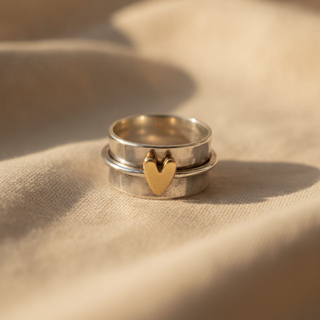 classic silver ring with golden heart accent — studio