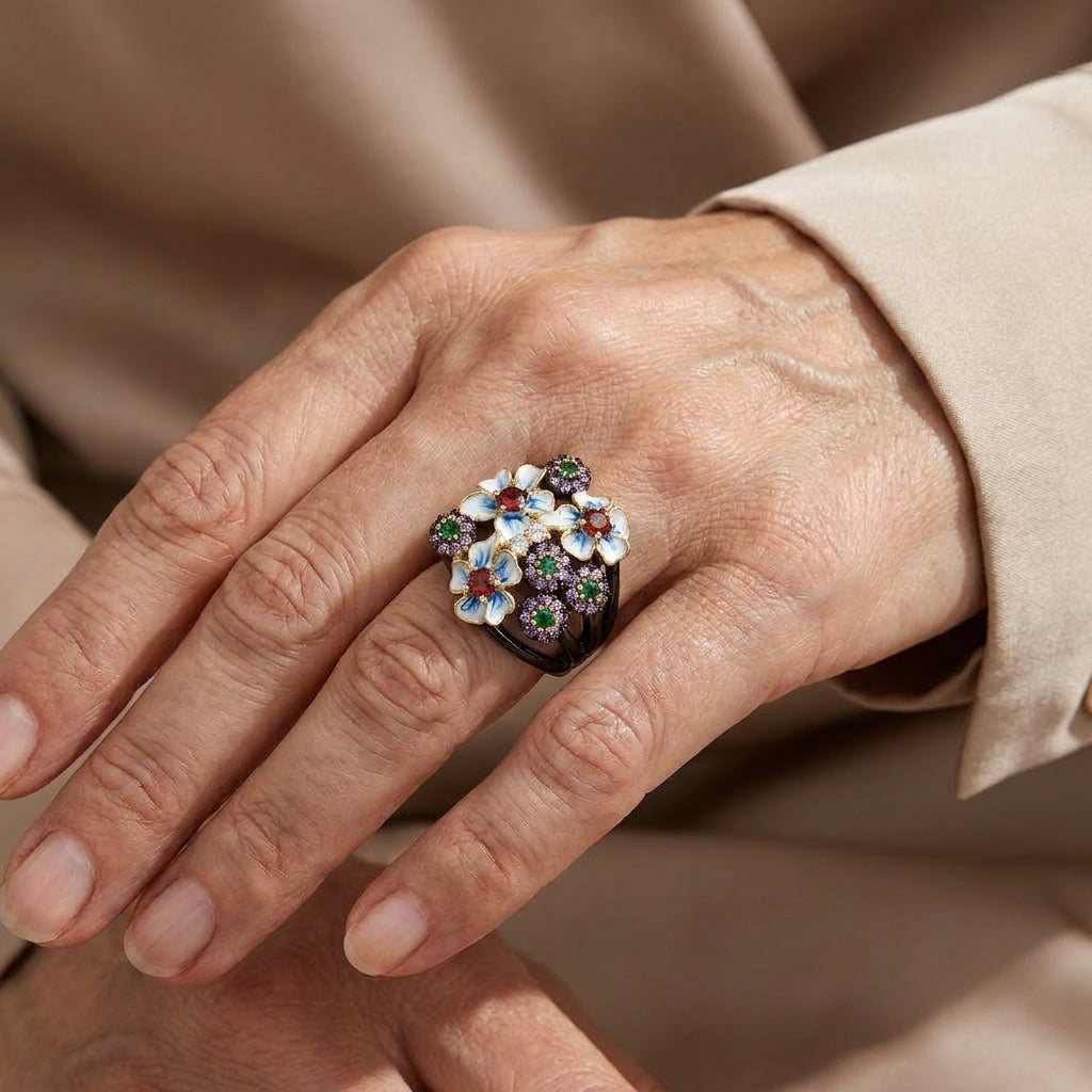 colorful enamel flower garden ring — lifestyle