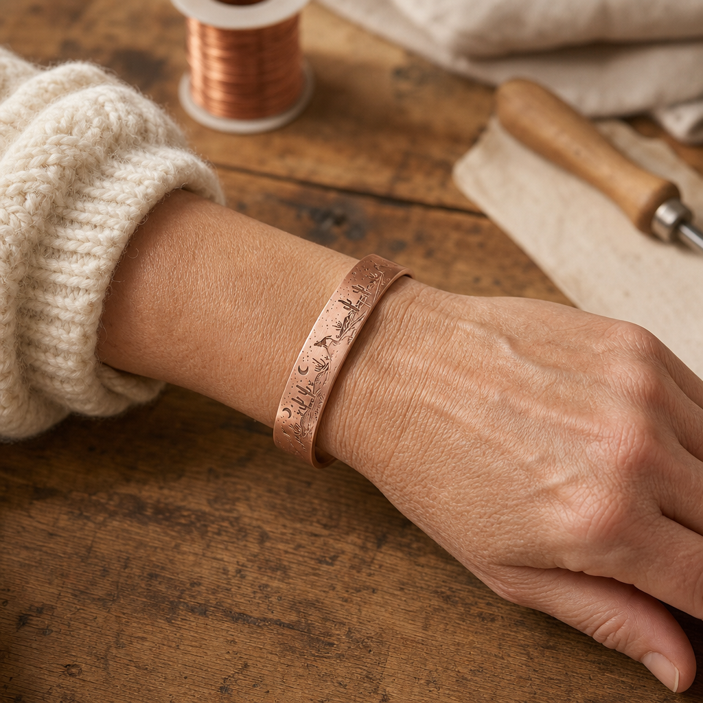 Cuff Bracelet Rose Gold Tone Pure Copper Desert Etched Design — Adjustable Fit — view 2