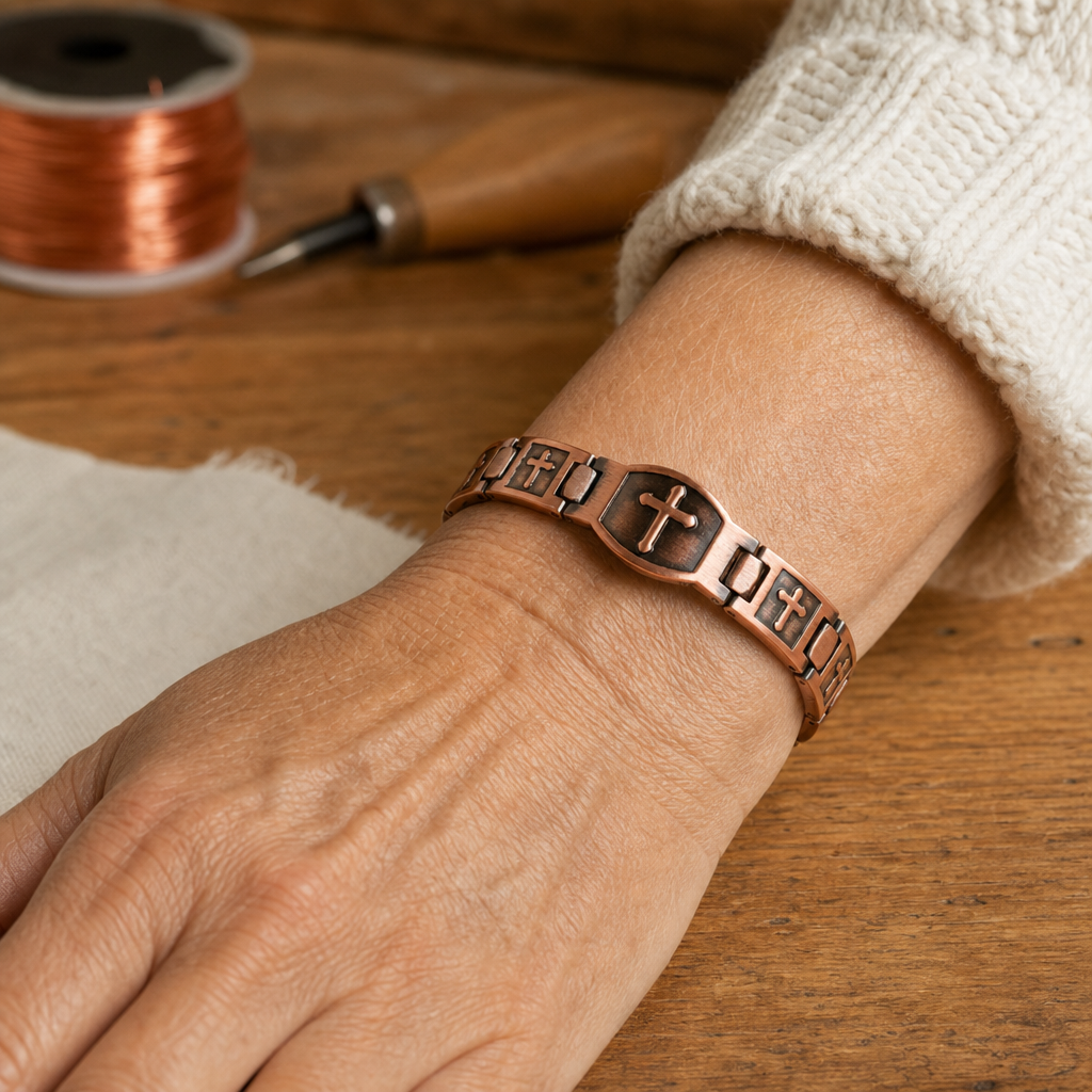 Copper Cross Link Bracelet with Patina Accents — Handcrafted Adjustable Copper Bracelet — view 2
