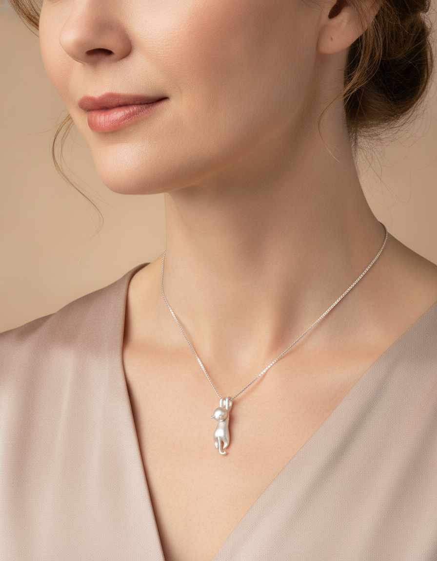 Estelle & Ruby Sterling Silver Cat Pendant Necklace with Box Chain (AI-generated lifestyle image)