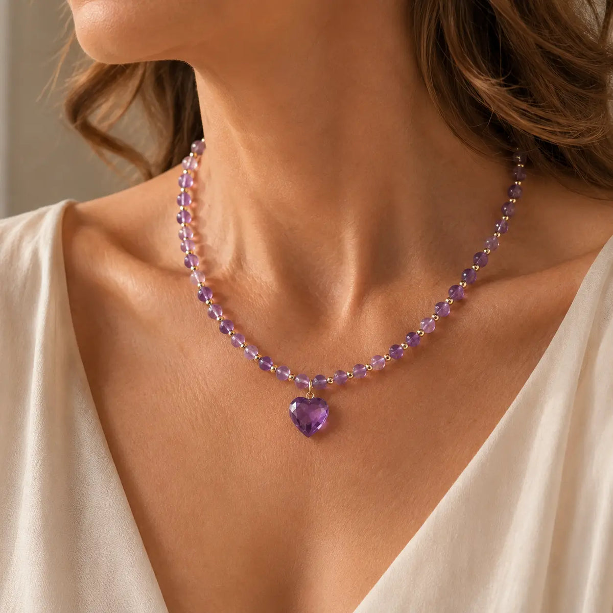 Heart-Shaped Amethyst Pendant Necklace with Faceted Beaded Strand