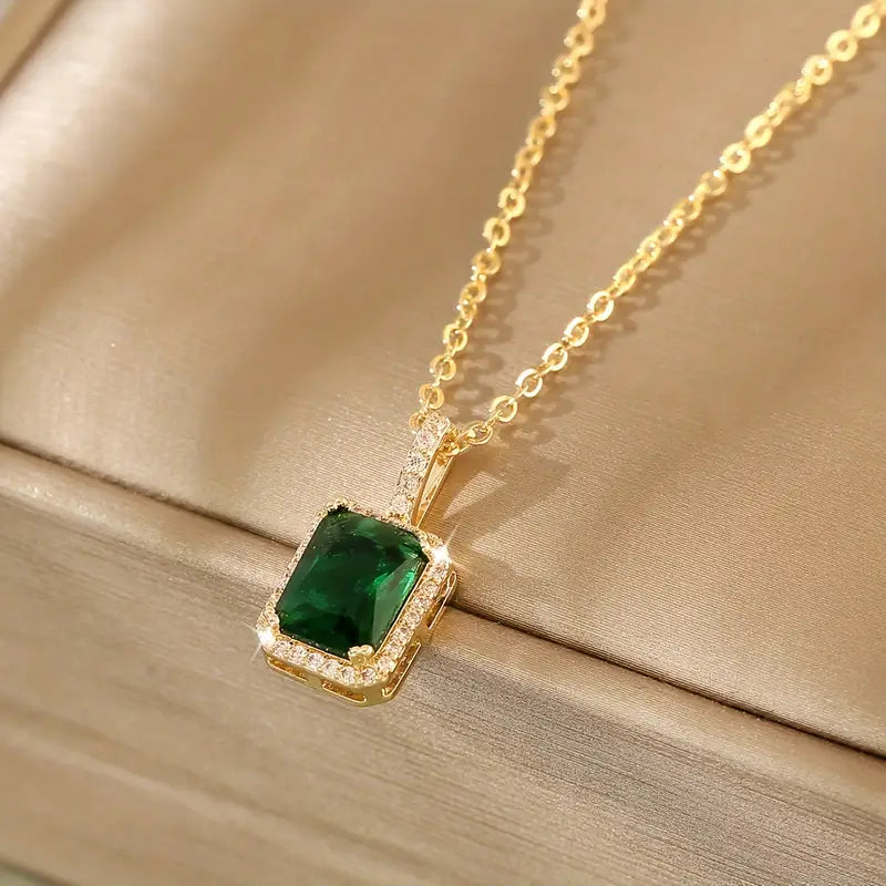 Cushion-Cut Emerald Pendant Necklace with Gold-Tone Halo Setting